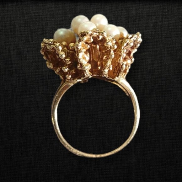 14K Yellow Gold Pearl Cluster Cocktail Ring - Picture 4 of 5